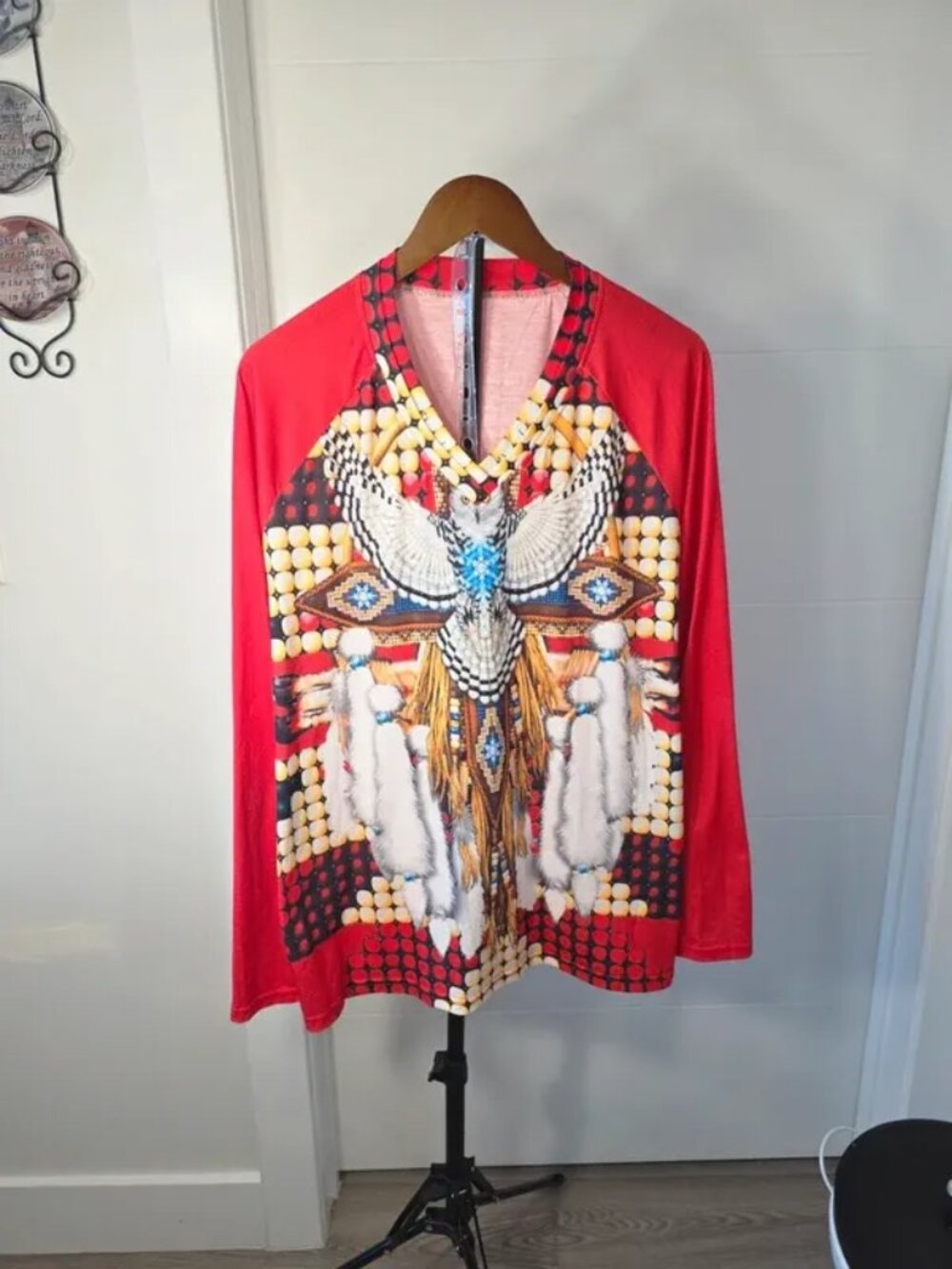 Polyester blend long sleeve graphic print top, ornate baroque-style design with